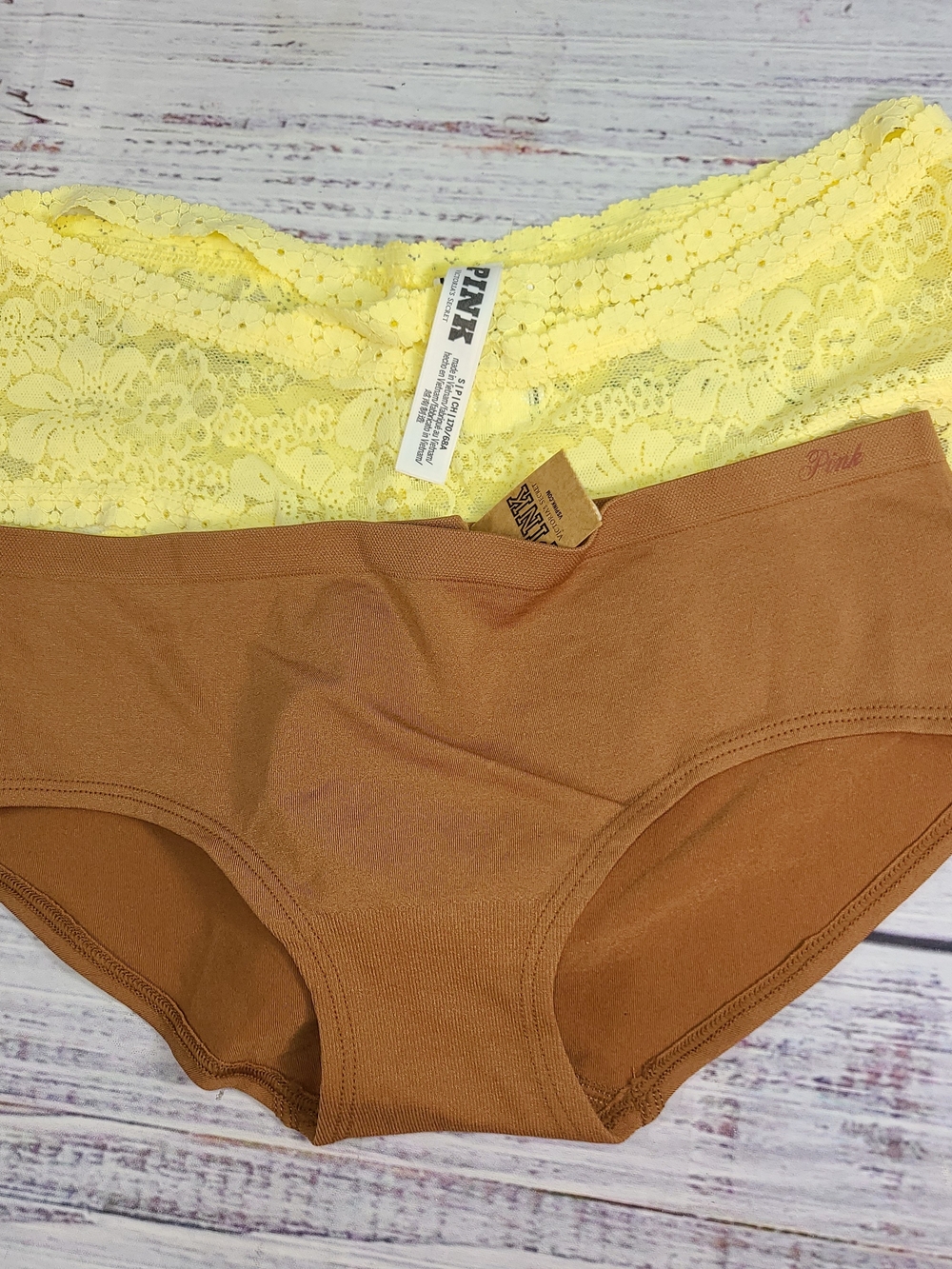 Victoria's Secret Pink Yellow Lace & Brown Hipster Panty Set